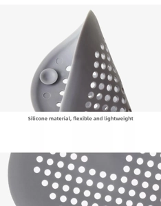 Dettaglio del filtro per lavello in silicone grigio flessibile con ventose e fori