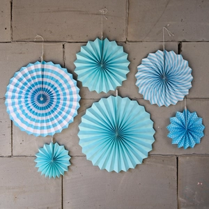Blue 6-piece assorted paper fans set with stripes and dots for wall decor