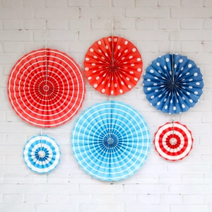 6-piece set of red and blue striped polka dot paper fans for wedding and party decor