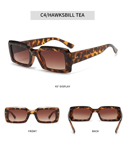 Three views of tortoise shell rectangular sunglasses with brown gradient lenses