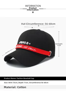 Detailed top view of black cotton baseball cap with red ribbon and 7.5cm brim specs