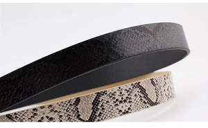Detail of snake pattern leather belts in black and beige with metallic buckles