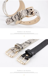 Detail view of snakeskin pattern and black thin belts with gold square buckles