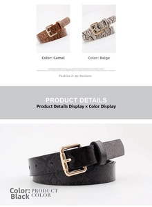 Detail of snake skin texture belts with gold buckles in tan, beige, and black colors