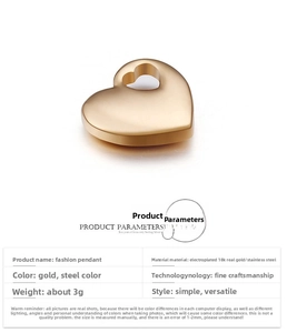 Detailed spec sheet for 18K gold-plated stainless steel heart pendant with measurements