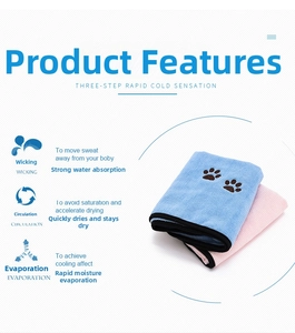 Absorbent microfiber pet cooling towel with paw print detail in blue and pink