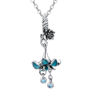 Blue orchid flower pendant necklace in S925 sterling silver with blue gemstones