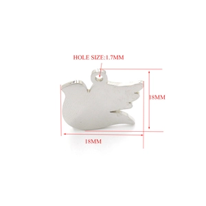Polished stainless steel peace dove pendant with 18mm dimensions and 1.7mm hole size
