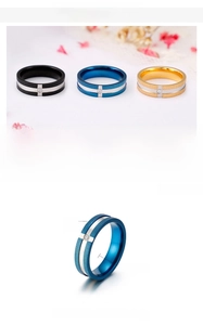 6mm brushed stainless steel rings in black, gold and blue with single zircon inlay detail