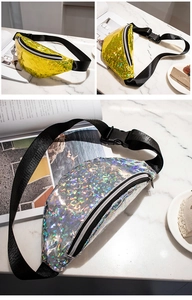 Close-up of sparkling sequin waist bags with adjustable nylon straps and plastic buckles