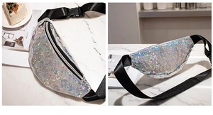 Close-up of holographic silver fanny pack with iridescent shards and nylon strap
