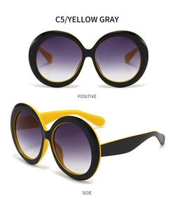 Détail de lunettes de soleil rondes oversize jaune gris avec vues de face et de côté