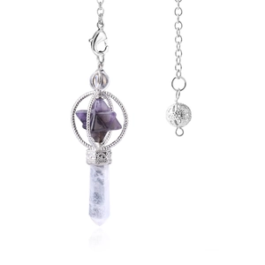 Amethyst Merkaba star pendulum with white crystal pillar and silver metal chain