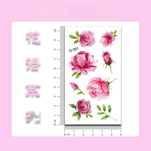 Detailed size chart for waterproof pink rose tattoo stickers measuring 10x6cm with watercolor style