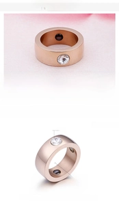 Detail view of 9mm rose gold stainless steel ring with zircon and magnetic stones