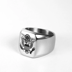 Polished stainless steel signet ring with American Great Seal eagle crest engraving