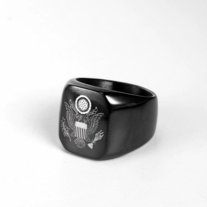 Men's black stainless steel ring featuring the United States Great Seal eagle emblem