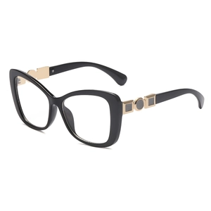 Classic cat-eye black frame glasses with gold geometric metal details on temples