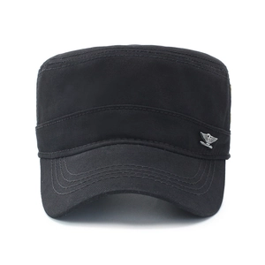 Black military flat top cadet cap with silver eagle metal badge and reinforced brim stitching