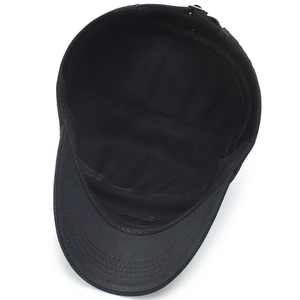 Black cotton flat top military cap with adjustable metal buckle shown from interior view