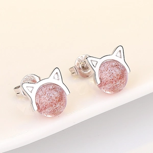 Sweet pink strawberry crystal cat ear studs in S925 sterling silver for women