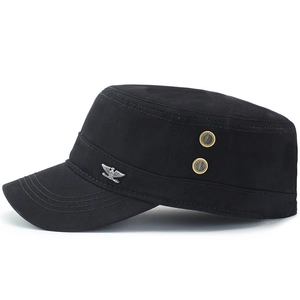 Classic black cotton cadet cap with eagle badge and side metal eyelets, military style