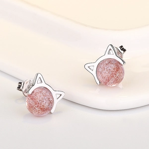 Cute strawberry crystal cat stud earrings in S925 sterling silver for women