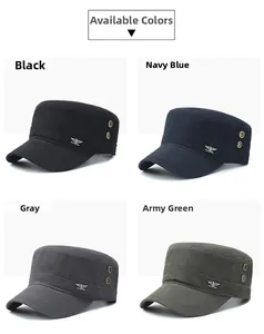 Flat top military cap in cotton canvas showing side metal eagle badge and air vents