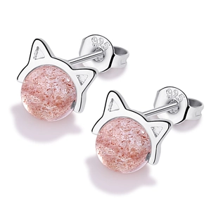 Sweet 925 silver cat ear studs with natural pink strawberry crystal for women