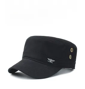 Detail of black cotton cadet cap featuring silver eagle badge and metal eyelets