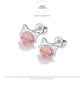 Detail showing S925 silver cat-shaped earrings with pink strawberry crystal stones