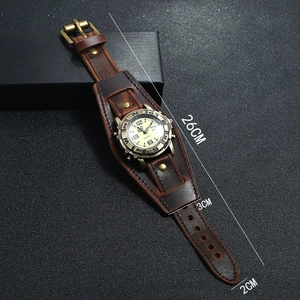 Retro punk brown leather cuff watch with bronze case and adjustable strap dimensions
