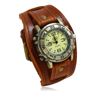 Retro Punk Genuine Cowhide Leather Bracelet Watch Quartz Movement Bronze Alloy Wide Cuff Strap Vintage Hip Hop Wristband