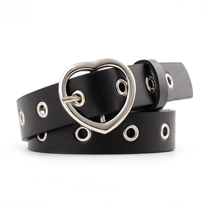 Fashionable black leather belt featuring a heart-shaped buckle and metal eyelet decorations