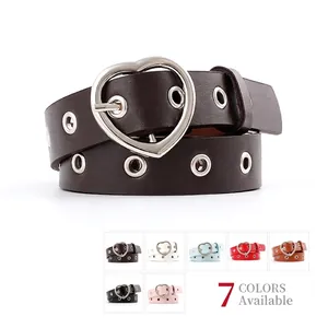 Brown faux leather belt with heart buckle and silver eyelets, available in seven colors