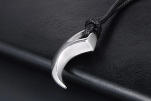 Close-up of polished silver metal wolf tooth pendant on black braided rope cord