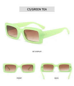 Three views of small rectangular sunglasses with green frames and gradient lenses