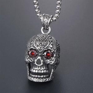 Retro punk skull pendant necklace with red gemstone eyes and silver steel bead chain