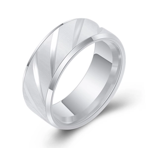 8mm silver-tone brushed steel ring with diagonal grooves and polished inner edge
