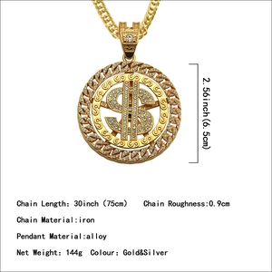 Collier hip hop homme pendentif dollar avec chaîne cubaine en or et argent strass