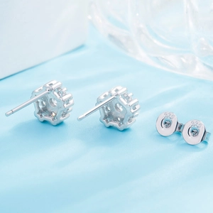 Macro detail of S925 sterling silver earring backs with engraved 925 authenticity hallmark