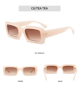 Detailed views of vintage rectangle tea colored sunglasses from front and side angles