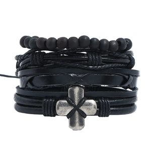 Bracelet En Cuir Tressé À La Main Vintage Pour Hommes Femmes Avec Perles De Bois Corde De Chanvre Pendentif Croix Alliage Style Bohème