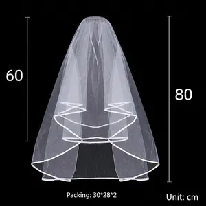 Short double-layered bridal veil in white tulle with ribbon edge, 60cm and 80cm length