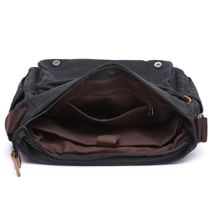 Men's black canvas business briefcase with brown lining and multi-compartment interior