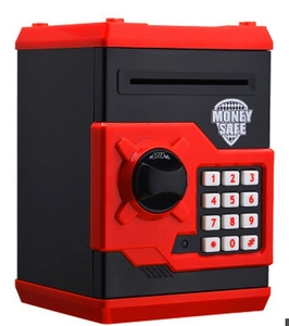 Detail of red and black ATM money bank featuring digital keypad and auto-roll paper slot