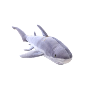 Plush shark body pillow with realistic fins and soft grey and white faux fur texture