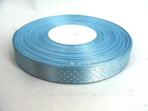Macro shot of light blue polka dot grosgrain ribbon roll for DIY gift wrapping and crafts