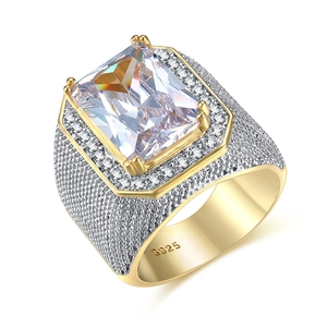 Luxury 925 silver gold plated hip hop men's ring with emerald cut square cubic zirconia