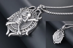 Front and back details of vintage punk skull and crossbones rudder pendant with ball chain